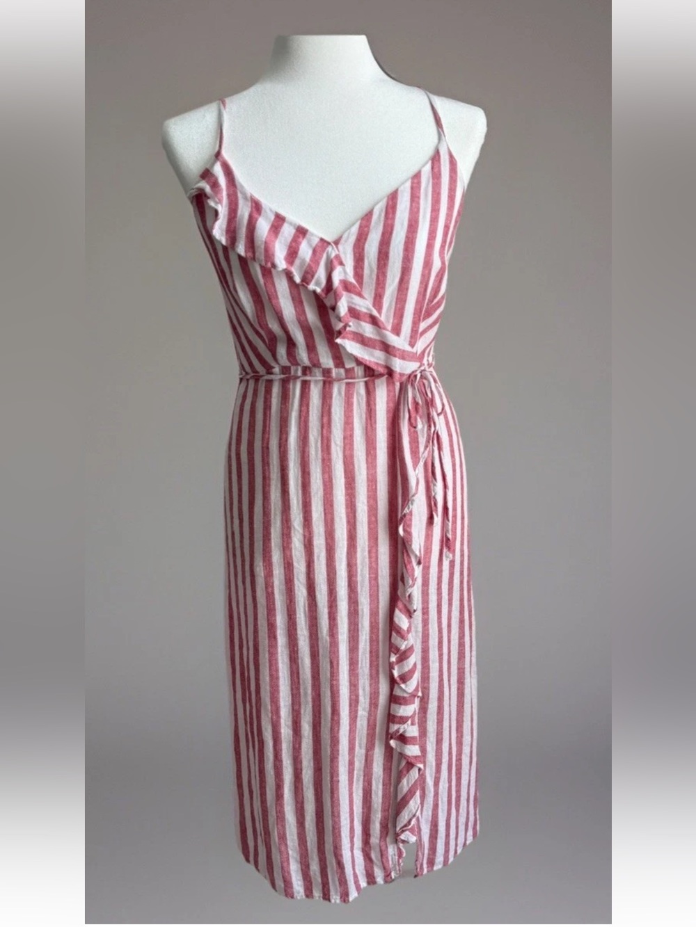 Rails Ariel Carmine Red Stripe Linen Blend Midi Sundress Ruffle Sz Small